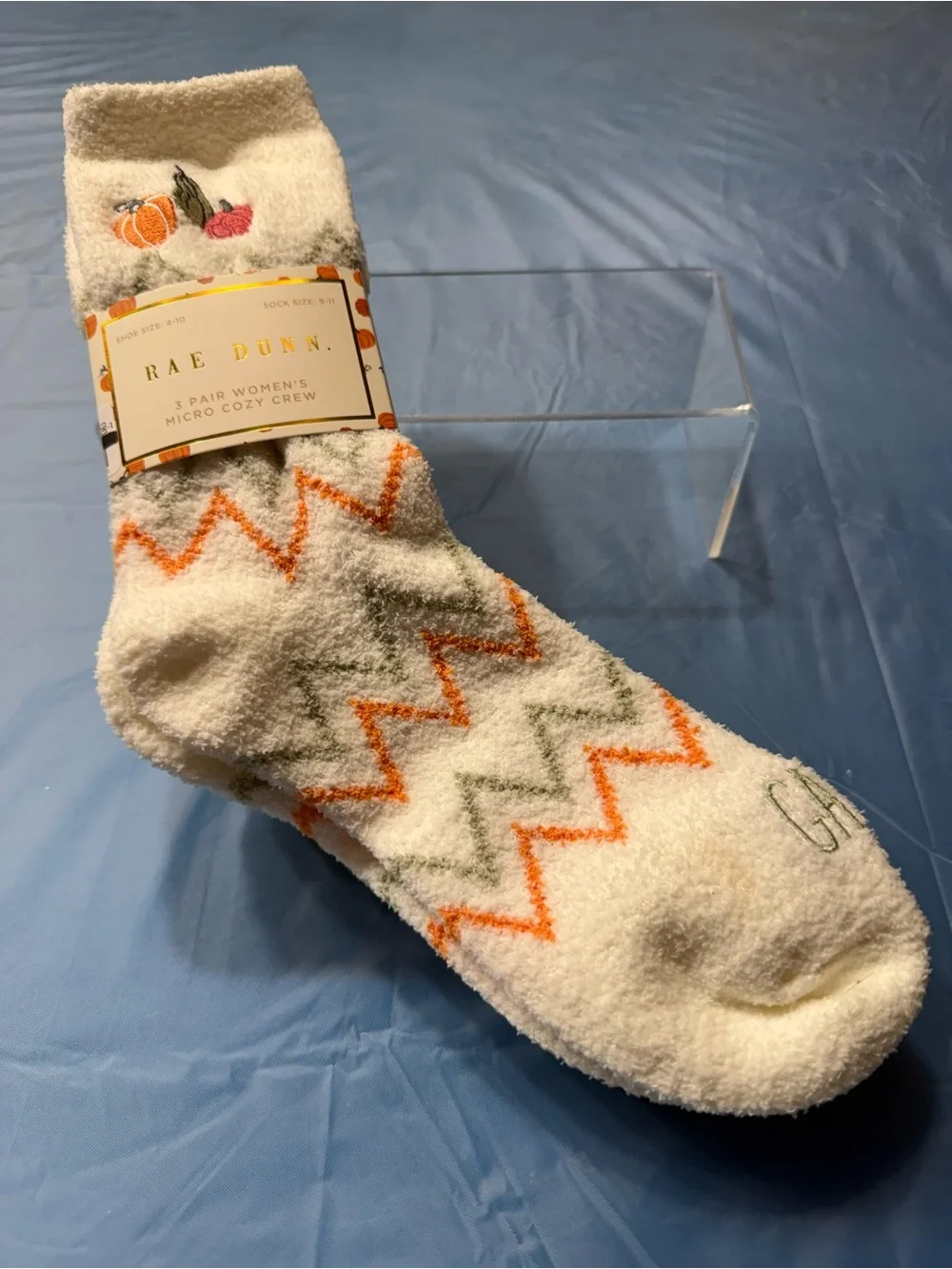 3 pairs Rae Dunn Cream Cozy Crew Socks Orange & Green Zigzags Fall Theme NWT